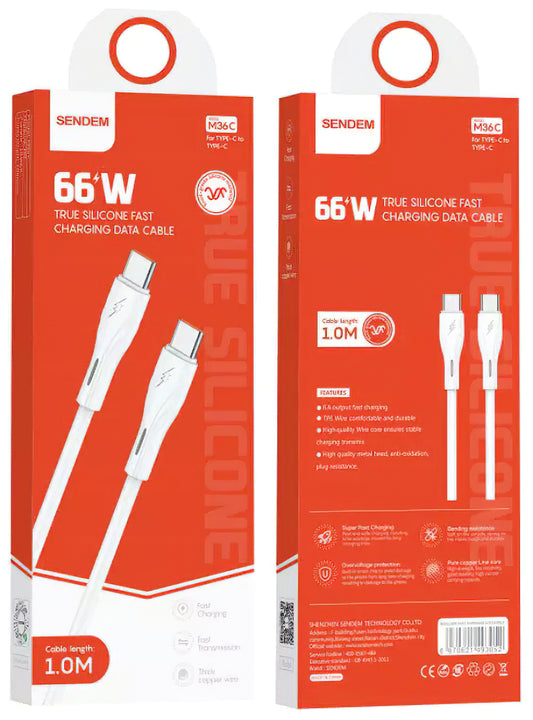 USB-C Data- og Opladningskabel - USB-C Sendem M36C, 66W, 1m, Hvid
