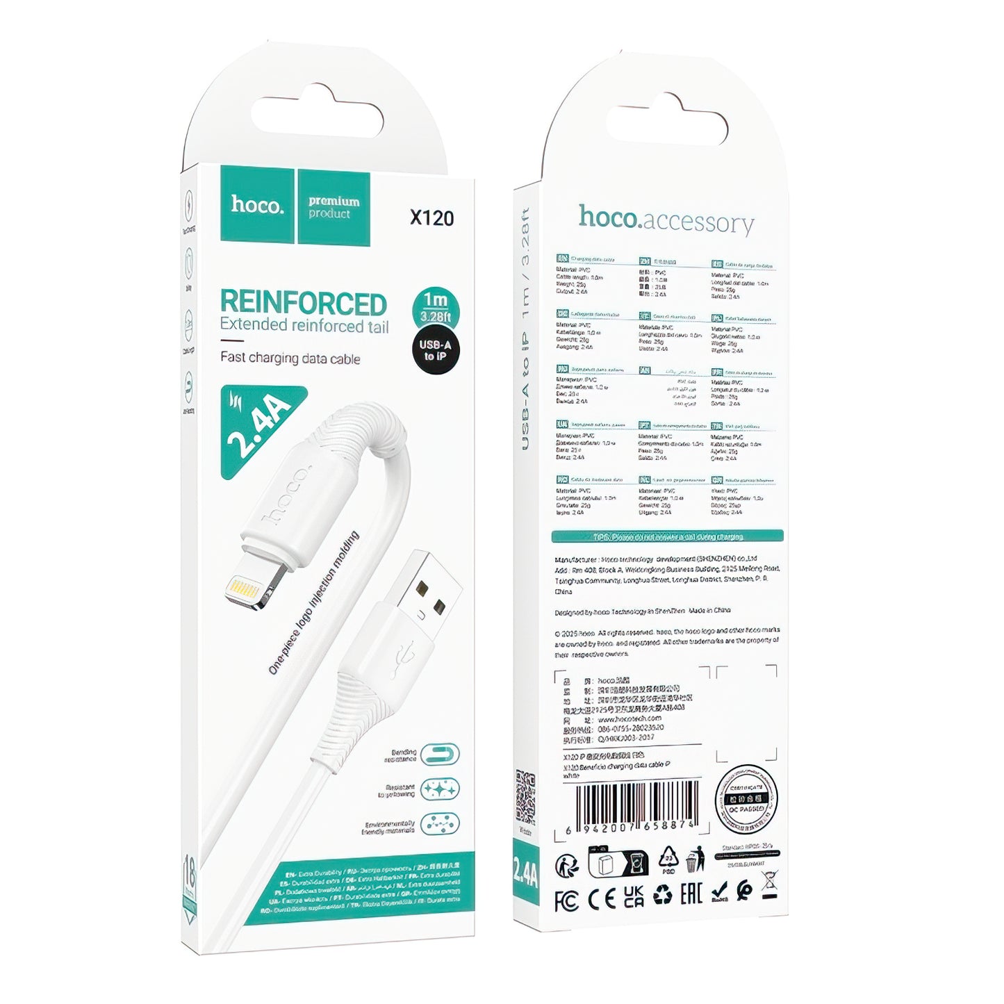 Data- og opladningskabel USB-A - Lightning HOCO X120, 18W, 1m, Hvid