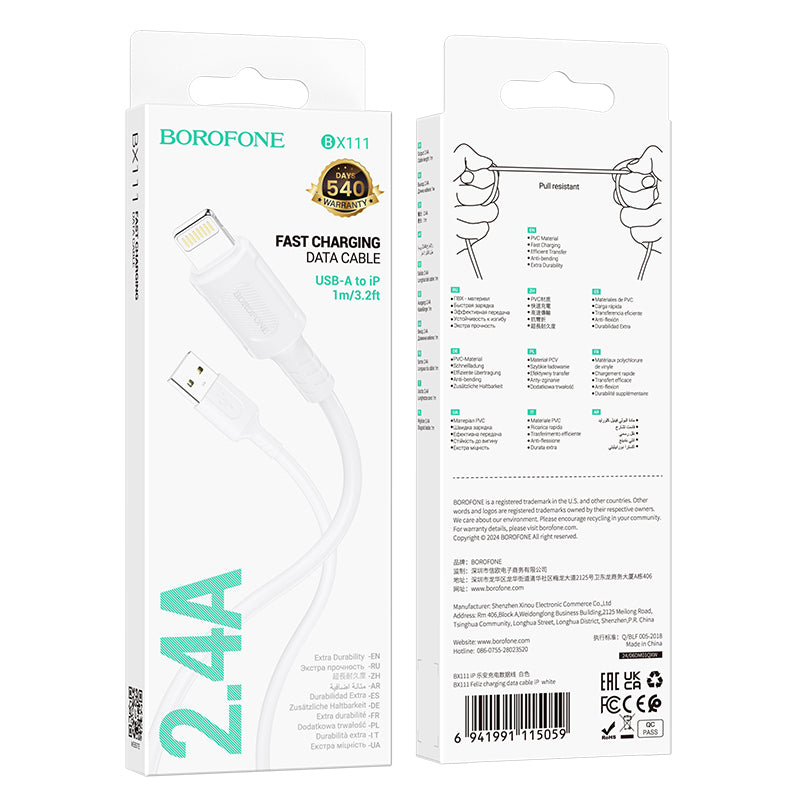 Data- og opladningskabel USB-A - Lightning Borofone BX111 Feliz, 18W, 1m, Hvid