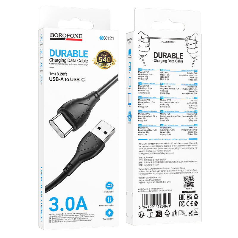 Data- og opladningskabel USB-A - USB-C Borofone BX121 Energy, 18W, 1m, Sort