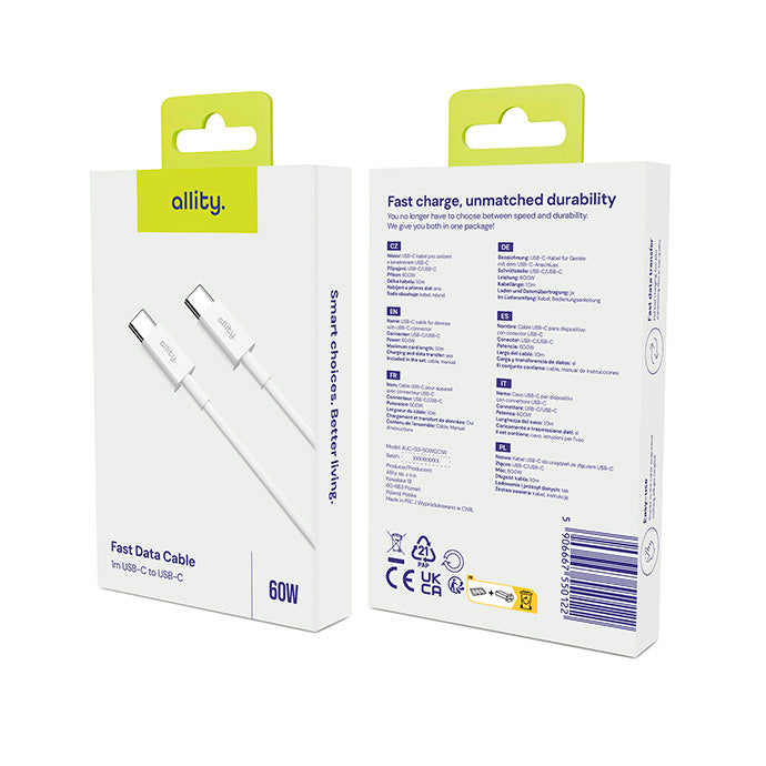 Data- og opladningskabel USB-C - USB-C Allity. AUC-03, 100W, 2m, Hvid