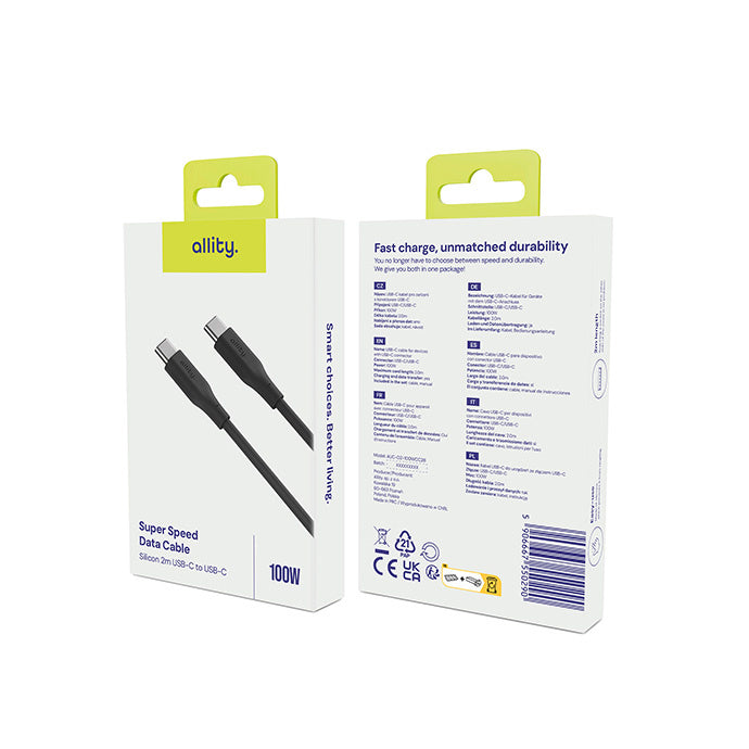 USB-C Data og Opladningskabel - USB-C Allity. AUC-02, 100W, 2m, Sort