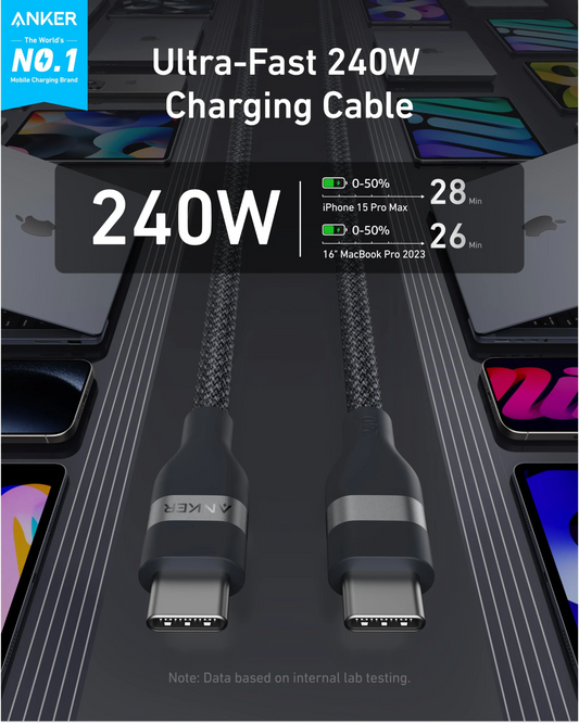 USB-C data- og opladningskabel - USB-C Anker, 240W, 1,8m, Sort A82E2H12