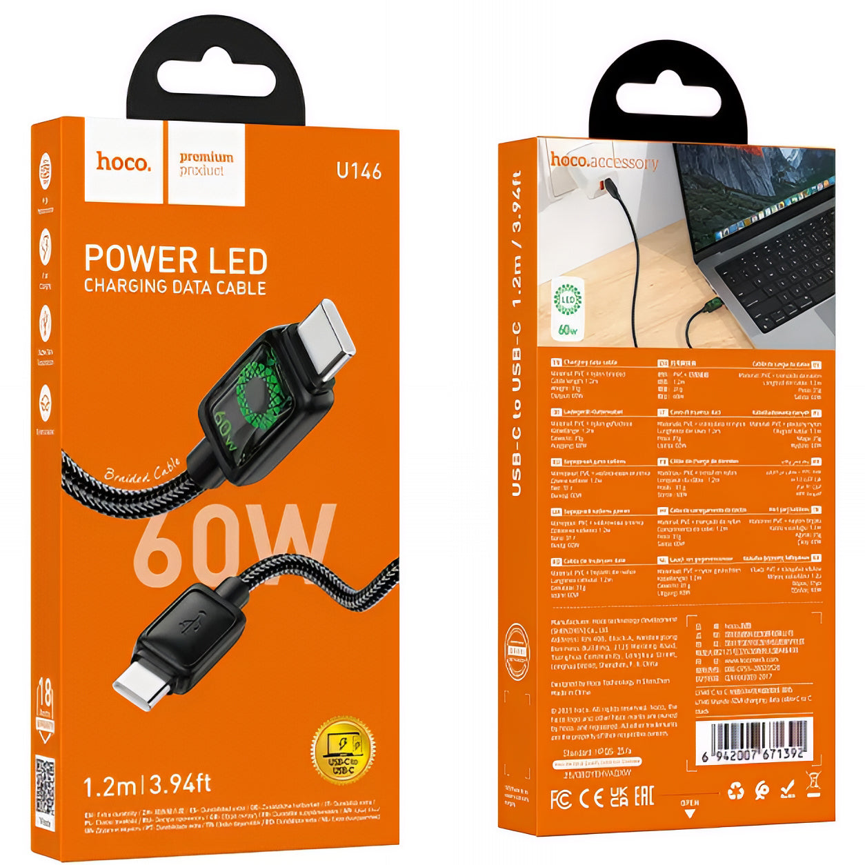 USB-C Data- og Opladningskabel - USB-C HOCO U146, 60W, 1.2m, Sort