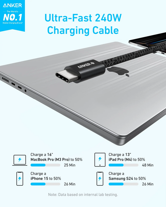 Data- og opladningskabel USB-C - USB-C Anker Zolo, 240W, 1,8m, Hvid A8060H22