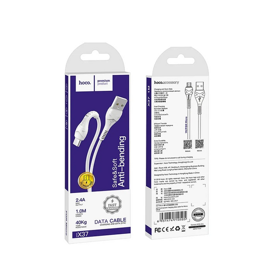 Data- og opladningskabel USB-A - microUSB HOCO X37, 18W, 1m, Hvid