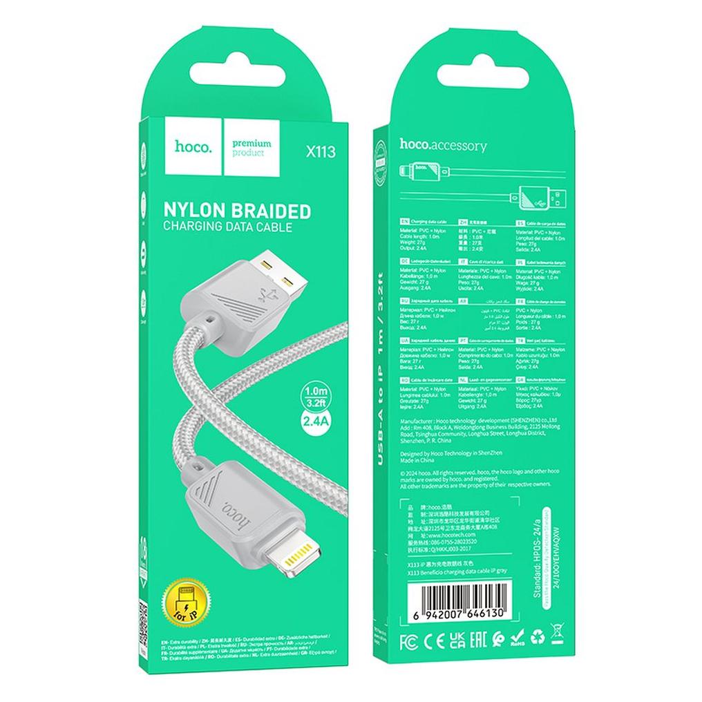 USB-A til Lightning data- og opladningskabel HOCO X113, 18W, 1m, grå