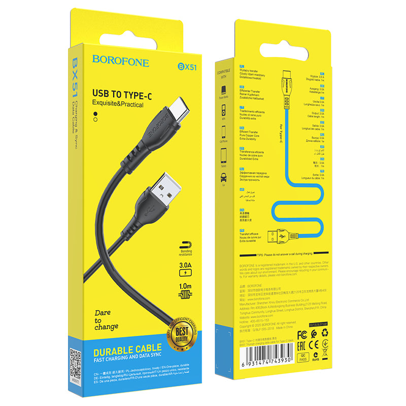 Data- og opladningskabel USB-A - USB-C Borofone BX51 Triumph, 20W, 1m, Sort