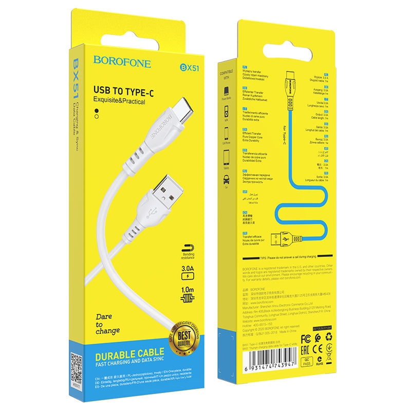 Data- og opladningskabel USB-A - USB-C Borofone BX51 Triumph, 20W, 1m, Hvid