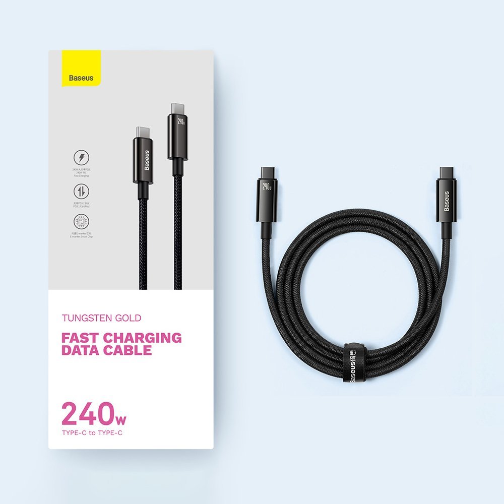 USB-C data- og opladningskabel - USB-C Baseus Tungsten Gold, 240W, 2m, sort CAWJ04010101