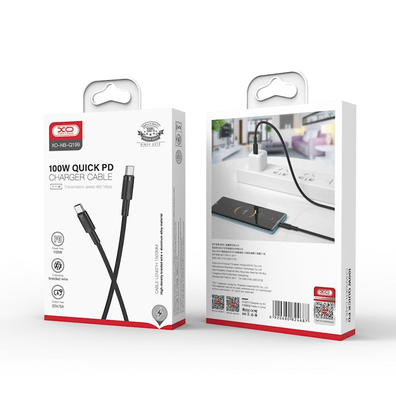 USB-C Data- og Opladningskabel - USB-C XO Design NB-Q199, 100W, 1.5m, Sort