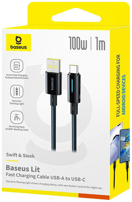 Data- og opladningskabel USB-A - USB-C Baseus Lit Button Control, 100W, 1m, Sort P10379002121-00