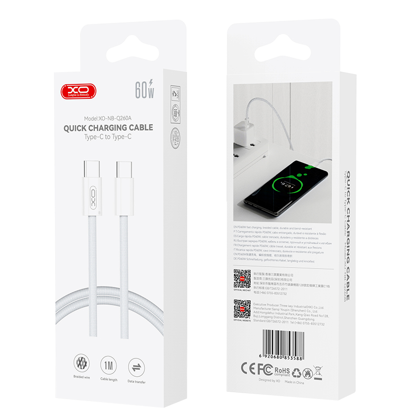 Data- og opladningskabel USB-C - USB-C XO Design NB-Q260A, 60W, 1m, Hvid