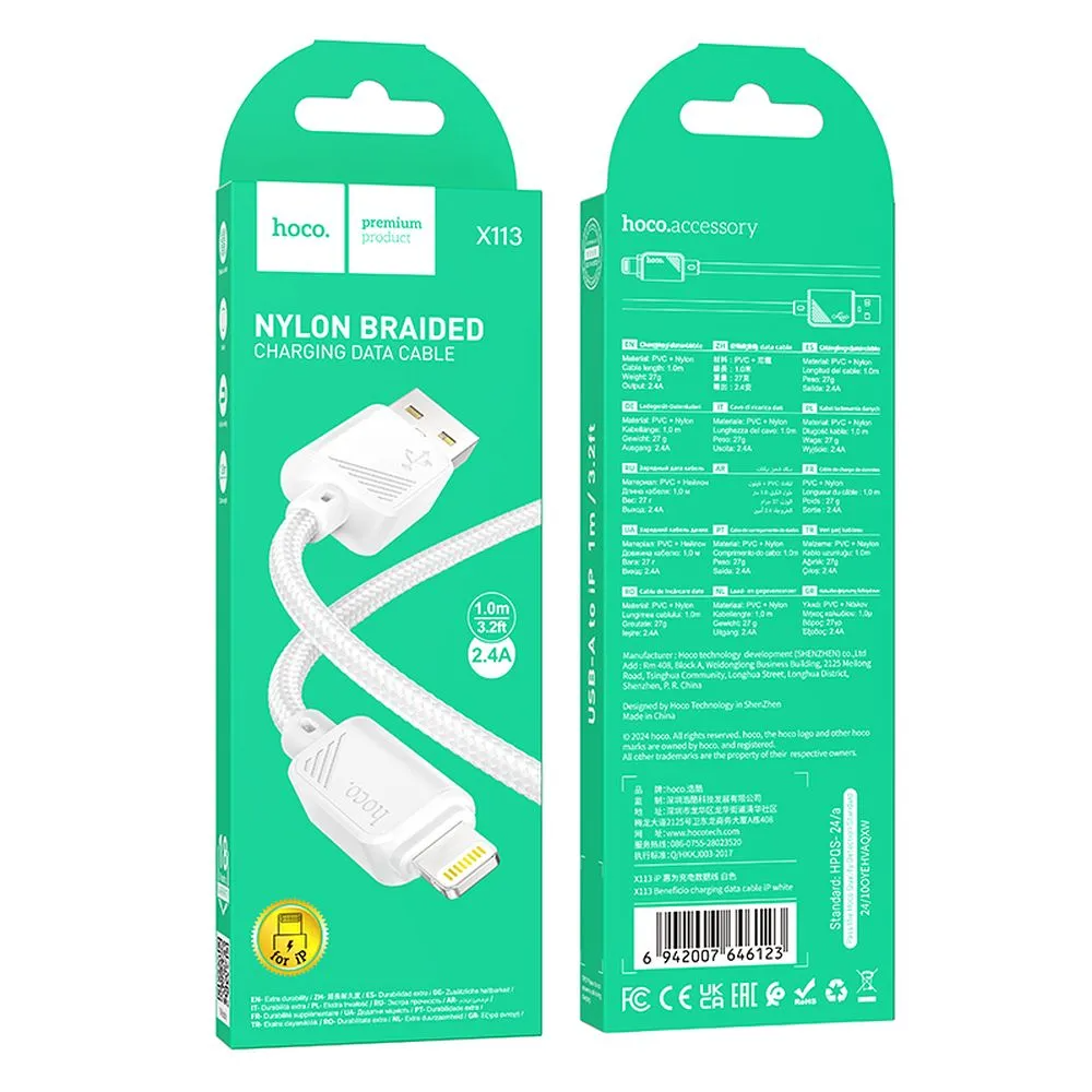 USB-A til Lightning data- og opladningskabel HOCO X113, 18W, 1m, hvid