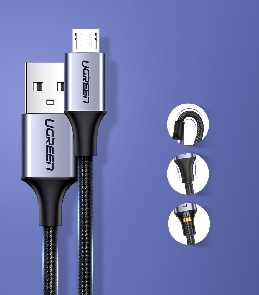 Data- og opladningskabel USB-A - microUSB UGREEN US290, 18W, 1,5 m, Sort