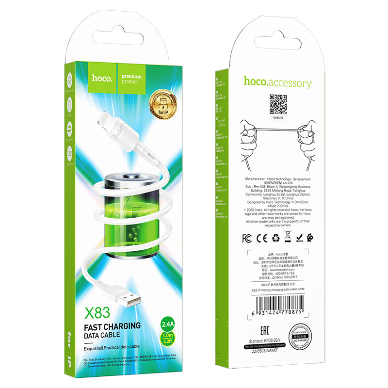 Data- og opladningskabel USB-A - Lightning HOCO X83 Victory, 18W, 1m, Hvid