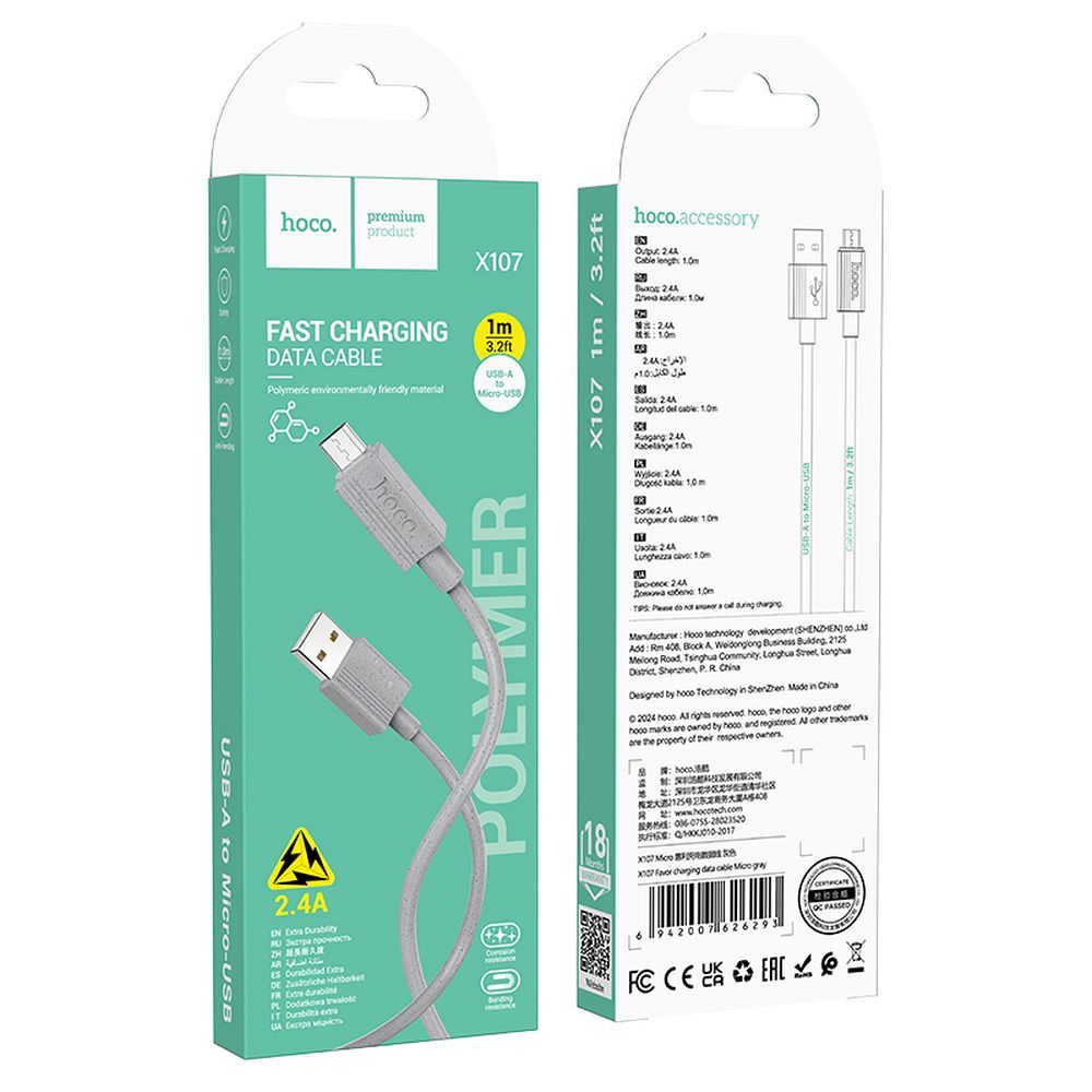Data- og opladningskabel USB-A - microUSB HOCO X107, 18W, 1m, Grå