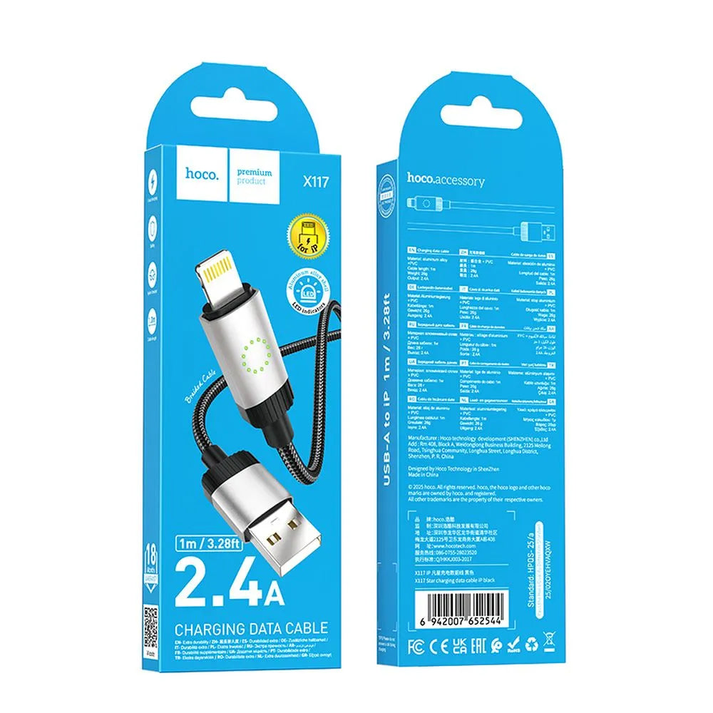 Data- og opladningskabel USB-A - Lightning HOCO X117, 18W, 1m, Sort