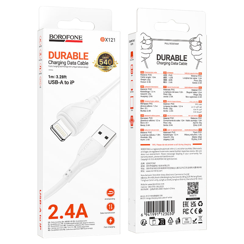 Data- og opladningskabel USB-A - Lightning Borofone BX121 Energy, 18W, 1m, Hvid