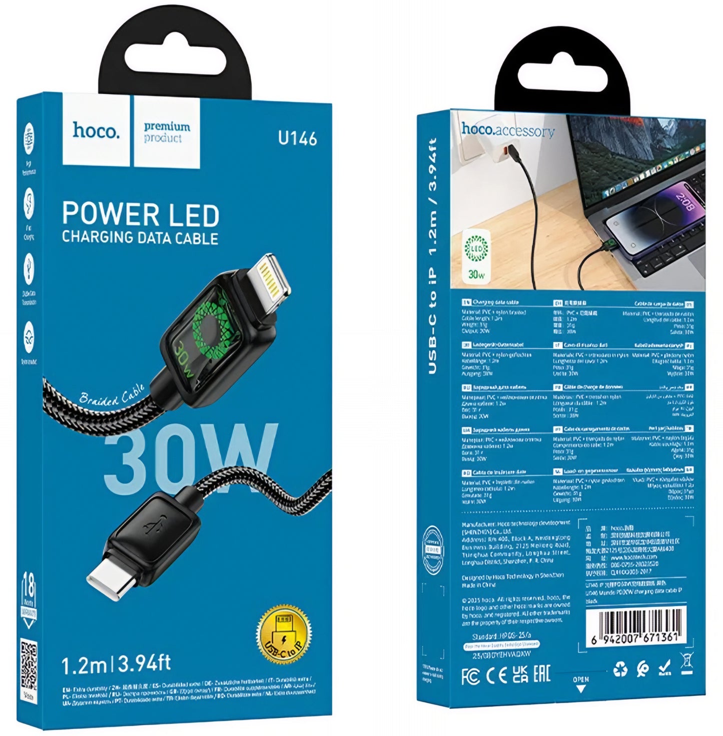Data- og opladningskabel USB-C - Lightning HOCO U146, 30W, 1.2m, Sort