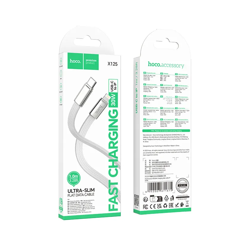 Data- og opladningskabel USB-C - Lightning HOCO X125, 30W, 1m, Hvid