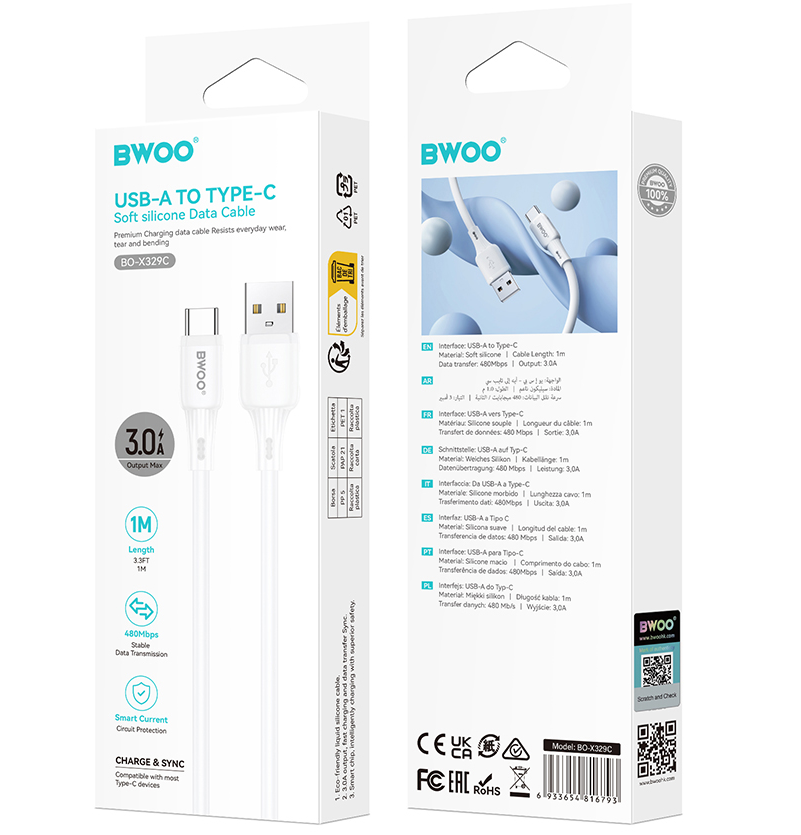 USB-A til USB-C data- og opladningskabel BWOO X329C, 15W, 1m, hvid
