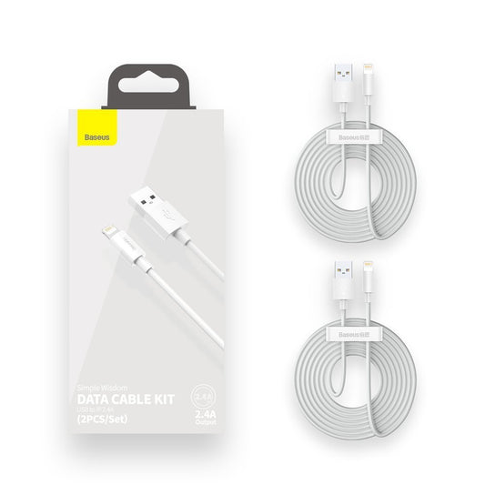 Data- og opladningskabel USB-A - Lightning Baseus Simple Wisdom, 18W, 1,5 m, sæt med 2 dele, hvid TZCALZJ-02