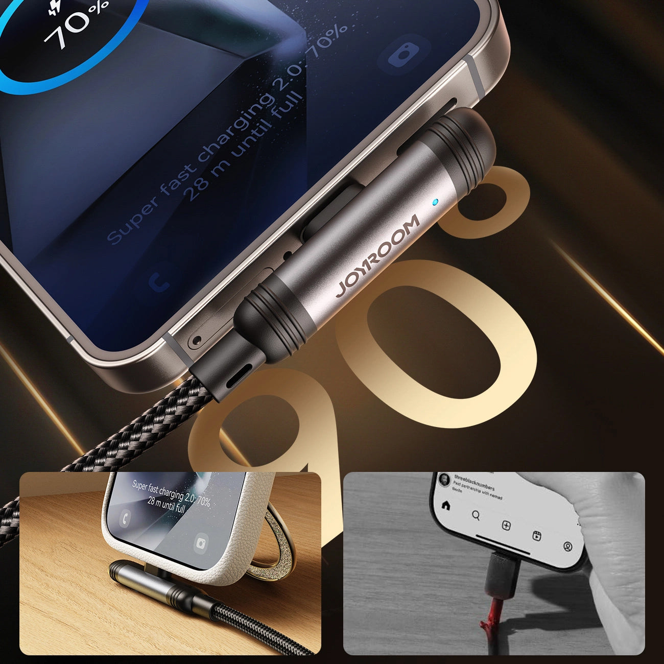 USB-C Data- og Opladningskabel - USB-C Joyroom S-A56 EnjoyX Angled, 60W, 1.2m, Sort