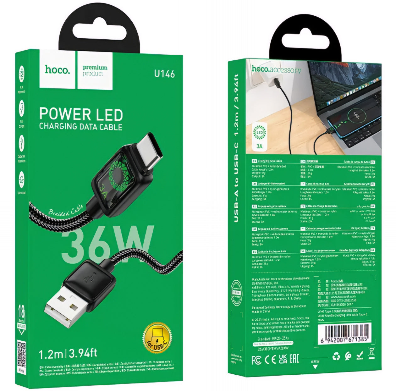 Data- og opladningskabel USB-A - USB-C HOCO U146, 36W, 1.2m, Sort