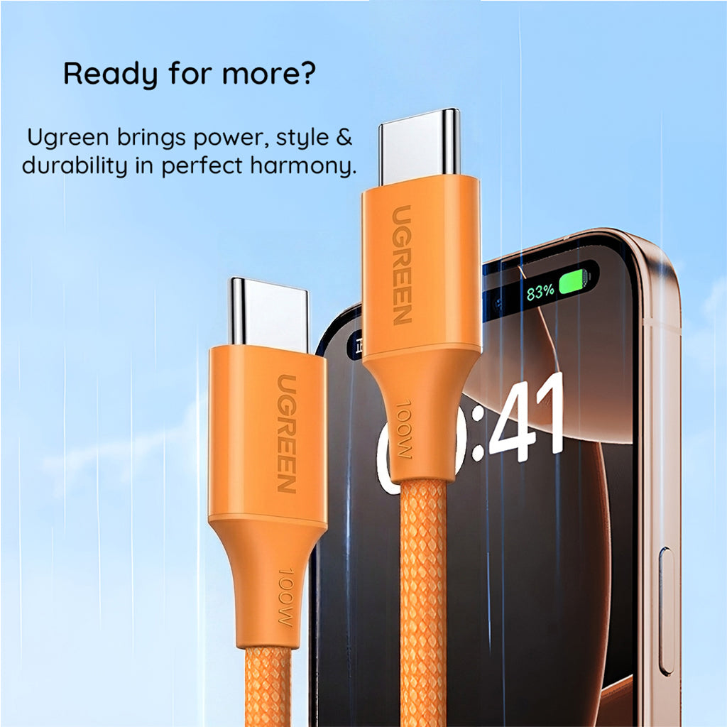 USB-C Data- og Opladningskabel - USB-C UGREEN L502, 100W, 1m, Orange