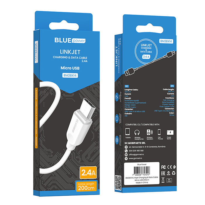 USB-A til microUSB data- og opladningskabel BLUE Power BM2BX14 LinkJet, 18W, 2m, hvid