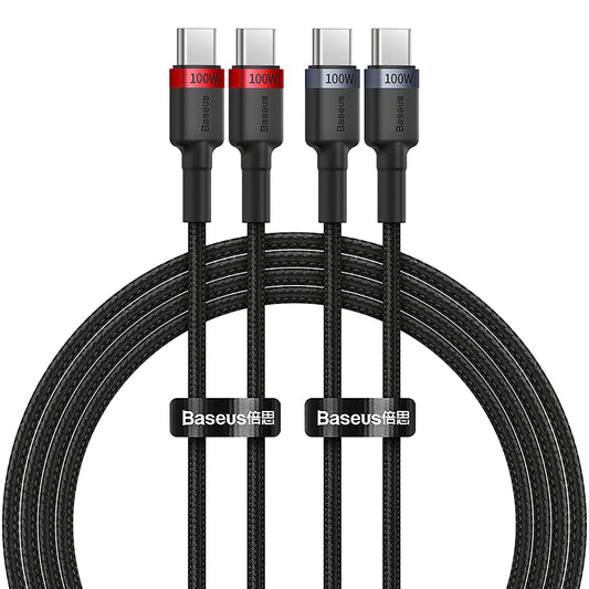 USB-C data- og opladningskabel - USB-C Baseus Cafule, 100W, 1m, rød, sæt med 2 stk.