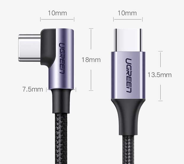 Data- og opladningskabel USB-C - USB-C UGREEN US255 Angled, 60W, 1m, Grå