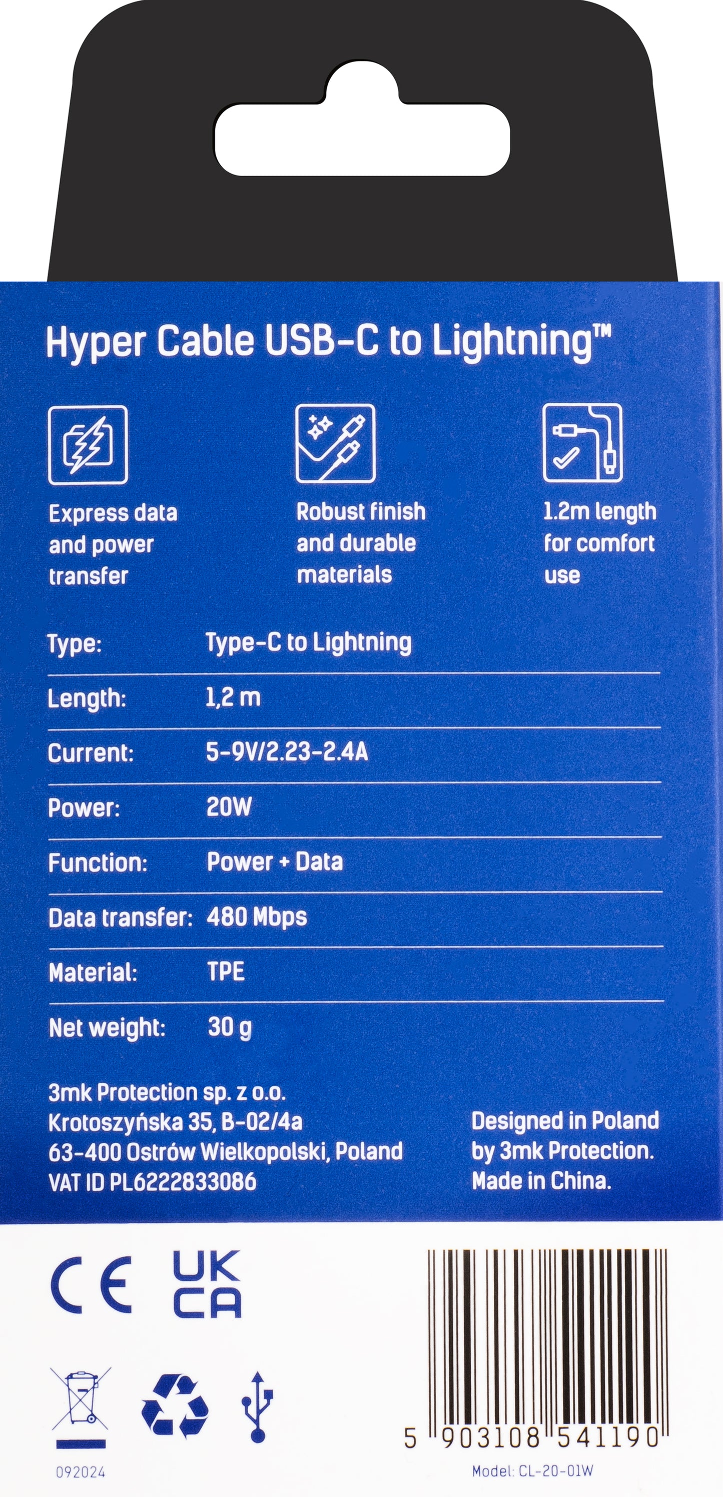 USB-C - Lightning Data- og Opladningskabel 3MK Hyper, 20W, 1,2m, Hvid