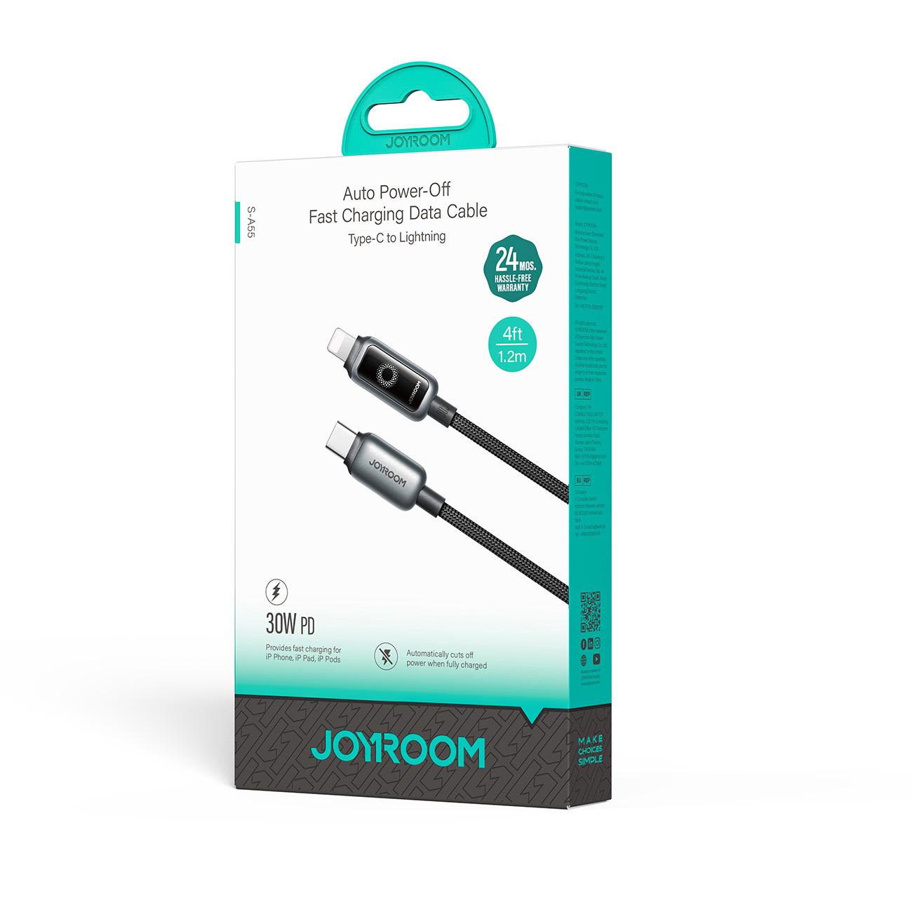 Data- og opladningskabel USB-C - Lightning Joyroom S-A55 StarFlight Display, 30W, 1,2m, Sort