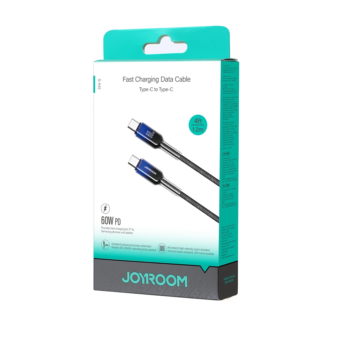 USB-C data- og opladningskabel - USB-C Joyroom S-A42, 60W, 1,2 m, Sort