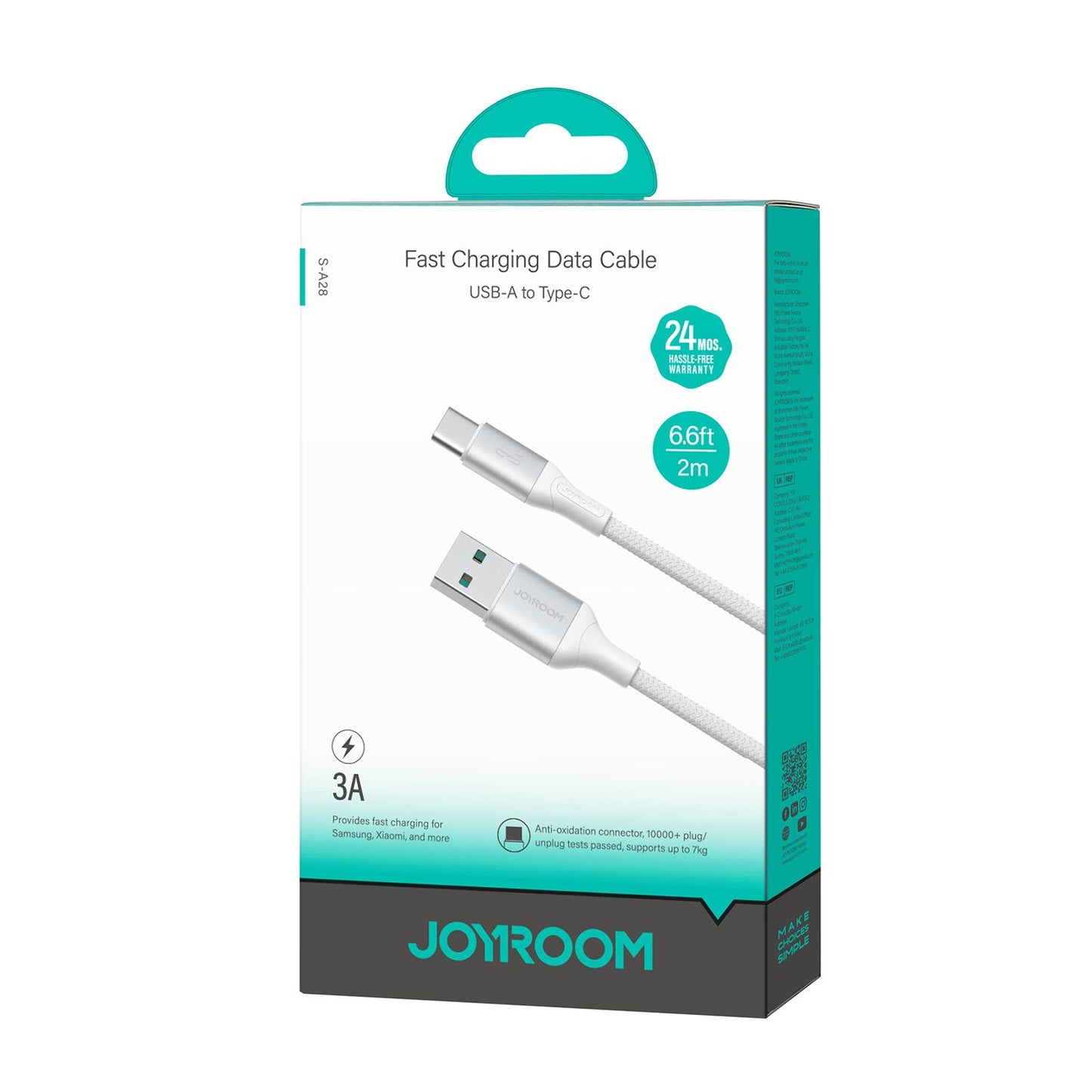 Data- og opladningskabel USB-A - USB-C Joyroom S-A28 Flash, 30W, 2m, Hvid