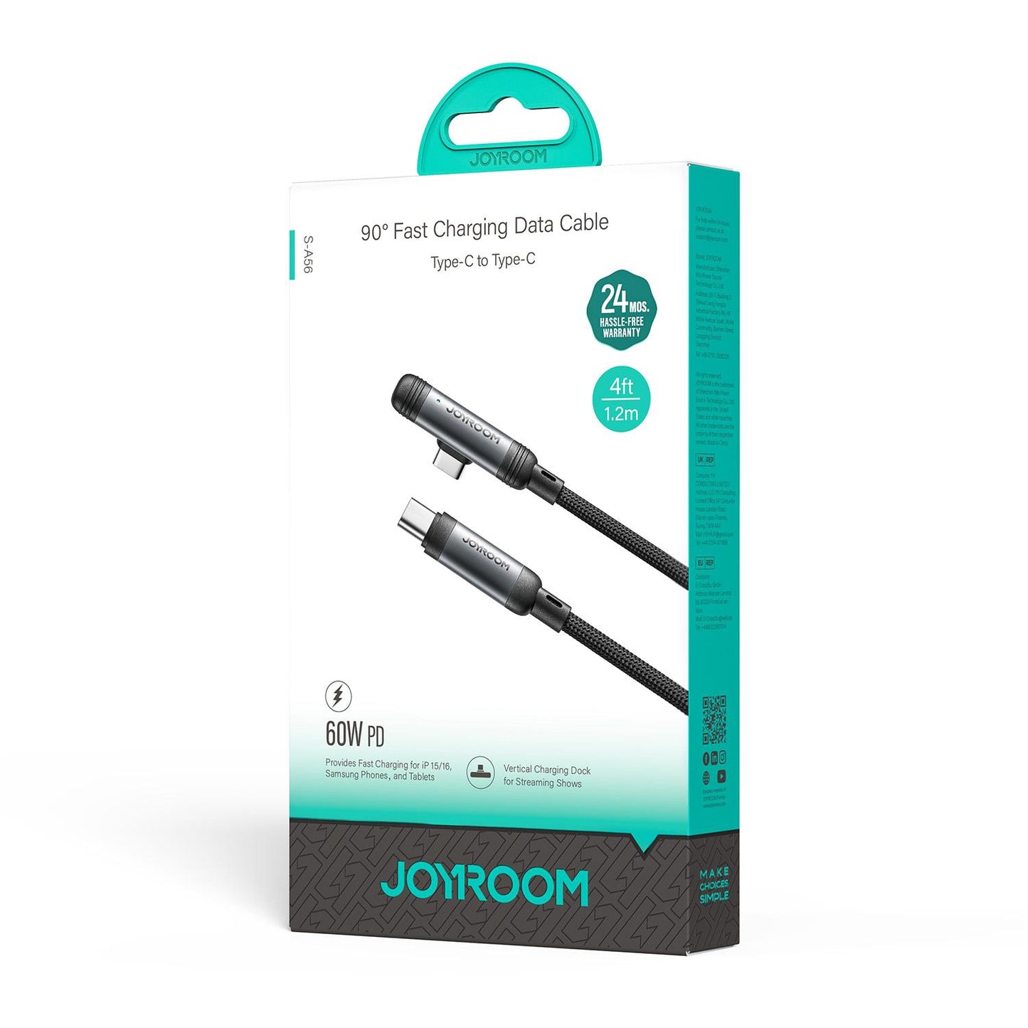 USB-C Data- og Opladningskabel - USB-C Joyroom S-A56 EnjoyX Angled, 60W, 1.2m, Sort