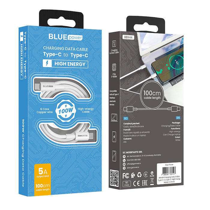 USB-C Data- og Opladningskabel - USB-C BLUE Power BBX44, 100W, 1m, Hvid