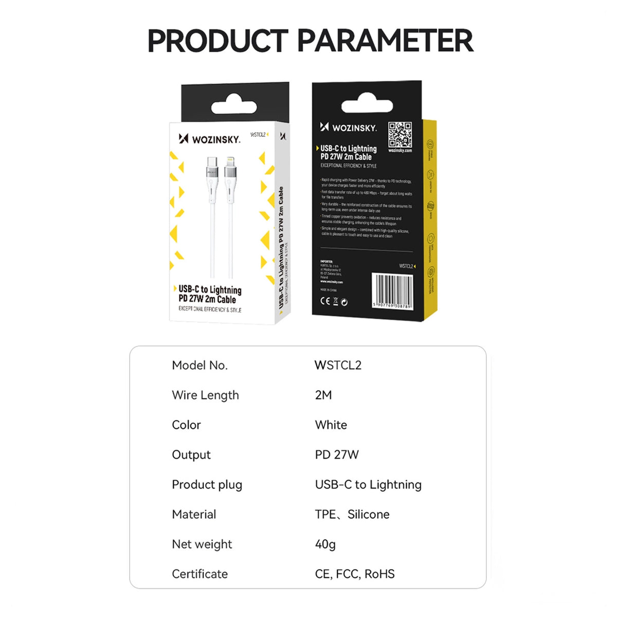 Data- og opladningskabel USB-C - Lightning WZK WSTCL1, 27W, 1m, Hvid