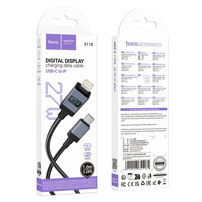Data- og opladningskabel USB-C - Lightning HOCO X118 Display, 27W, 1m, Sort