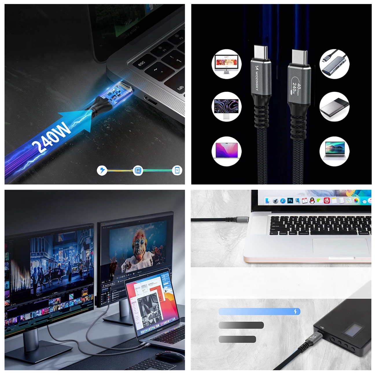 USB-C Data- og Opladningskabel - USB-C WZK WPS-UY42S, 240W, 2m, Sort