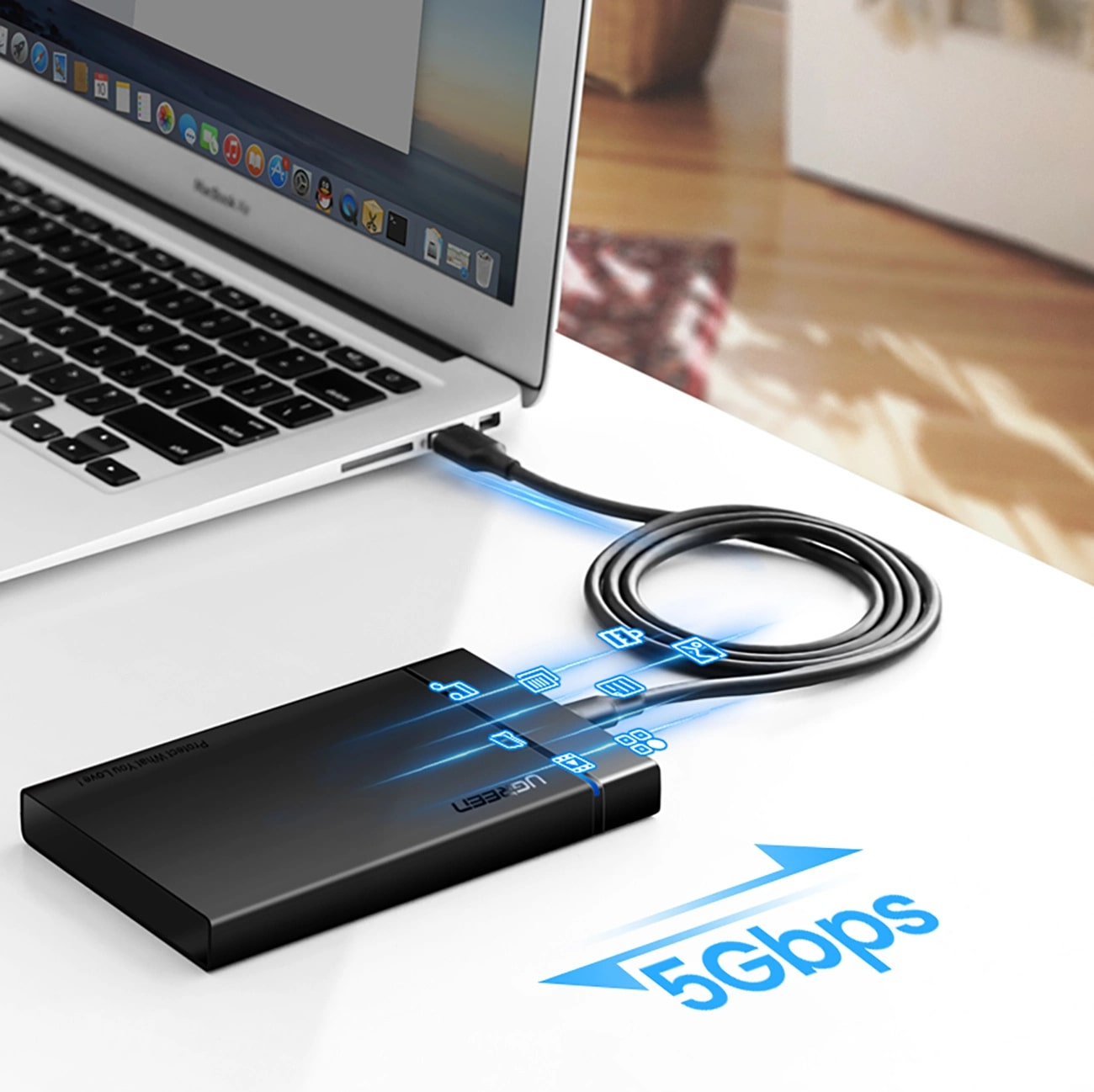 USB-A - USB-C UGREEN US184 data- og opladningskabel, 18W, 0.5m, Sort