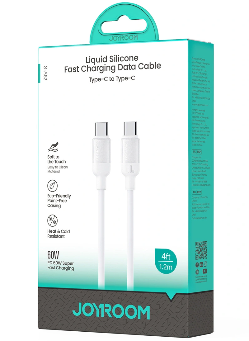 USB-C Data- og Opladningskabel - USB-C Joyroom S-A62 Lively, 60W, 1,2m, Hvid