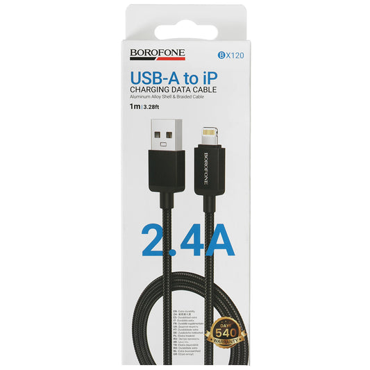 Data- og opladningskabel USB-A - Lightning Borofone BX120 Placer, 18W, 1m, Sort