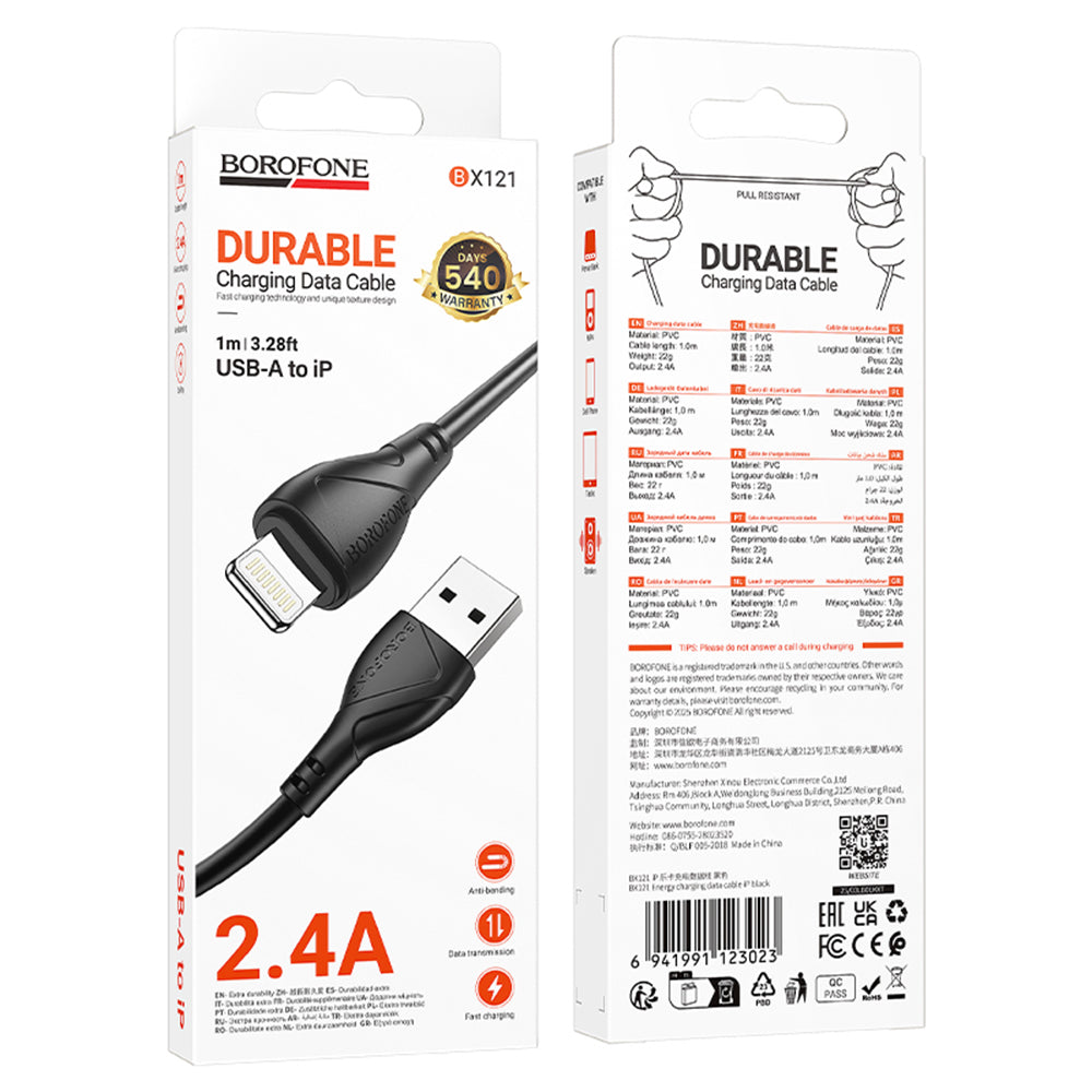 Data- og opladningskabel USB-A - Lightning Borofone BX121 Energy, 18W, 1m, Sort