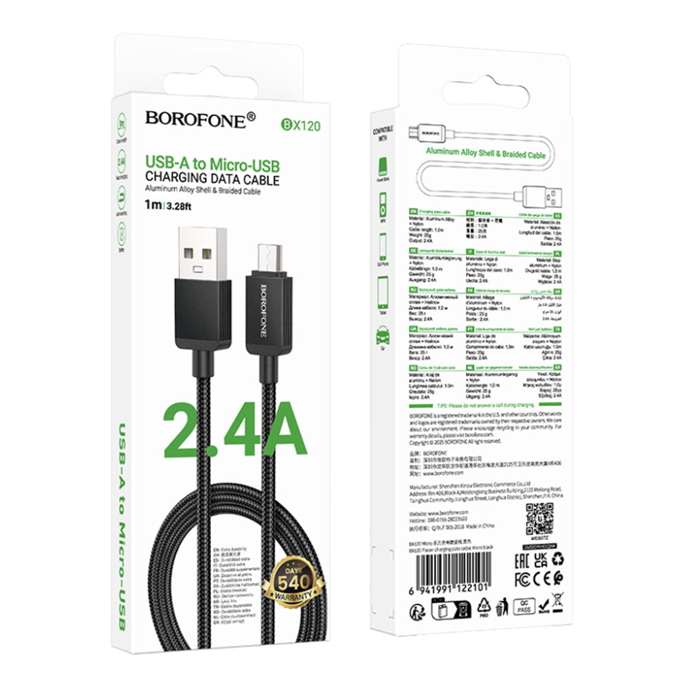 Data- og opladningskabel USB-A - microUSB Borofone BX120 Placer, 18W, 1m, Sort