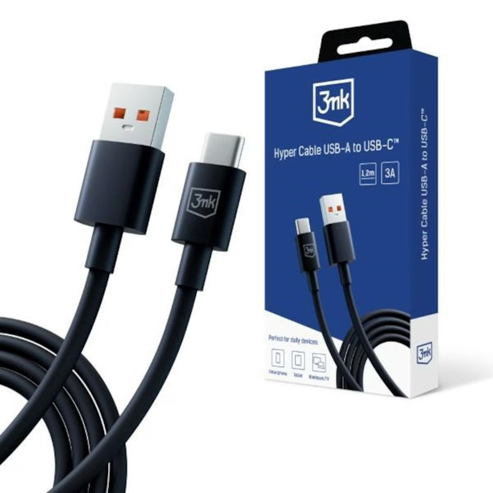 Data- og opladningskabel USB-A - USB-C 3MK Hyper, 18W, 1,2m, Sort