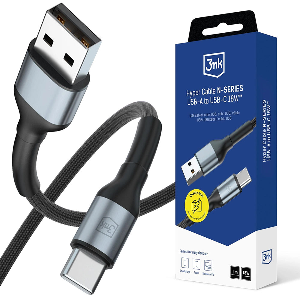 Data- og opladningskabel USB-A - USB-C 3MK Hyper N 18, 18W, 1m, Sort