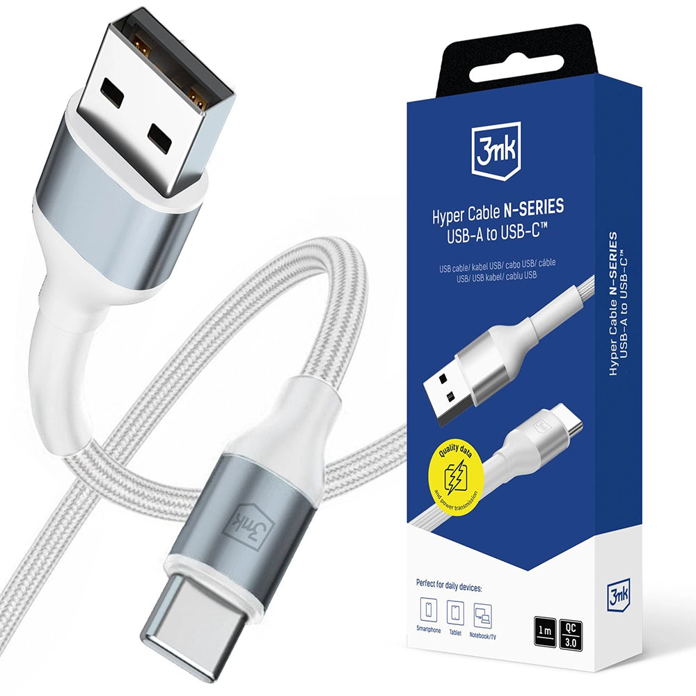 Data- og opladningskabel USB-A - USB-C 3MK Hyper N, 18W, 1m, Hvid